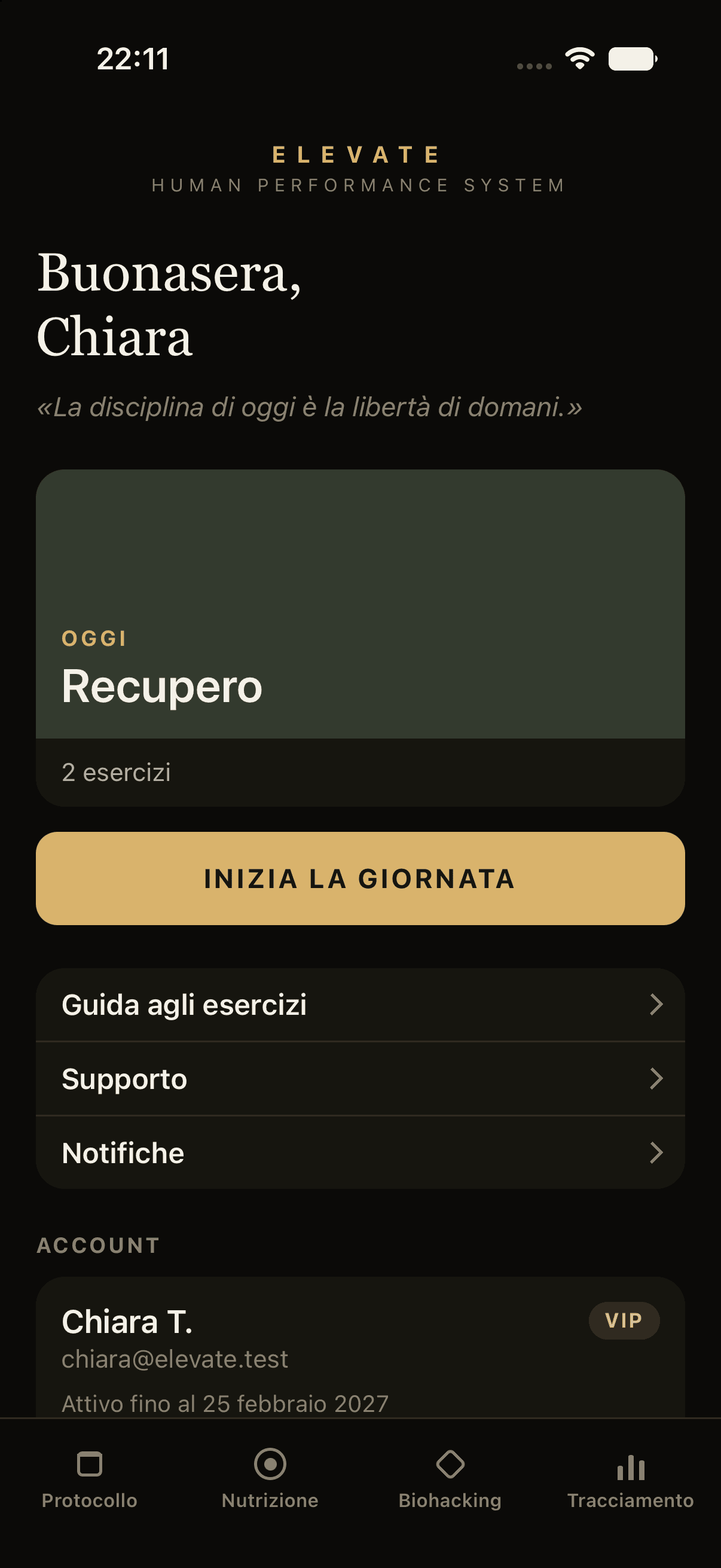 La schermata principale dell'app Elevate