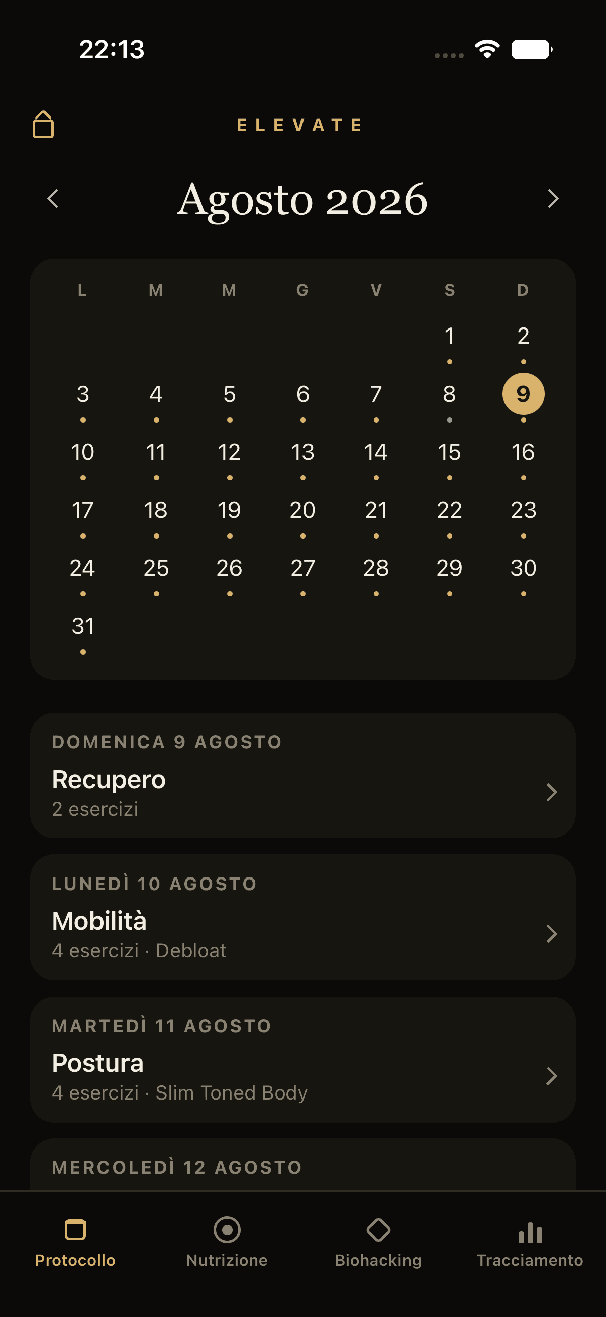 Il calendario del protocollo nell'app Elevate
