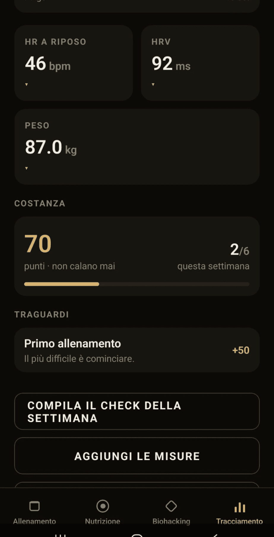 Il tracciamento nell’app Elevate: HRV, peso, costanza