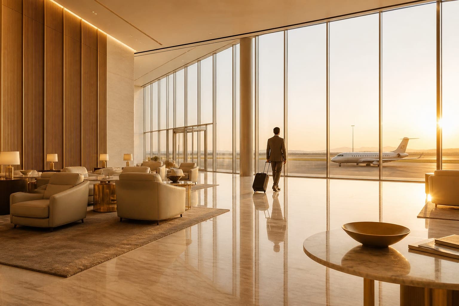Una lounge aeroportuale al tramonto, quasi vuota