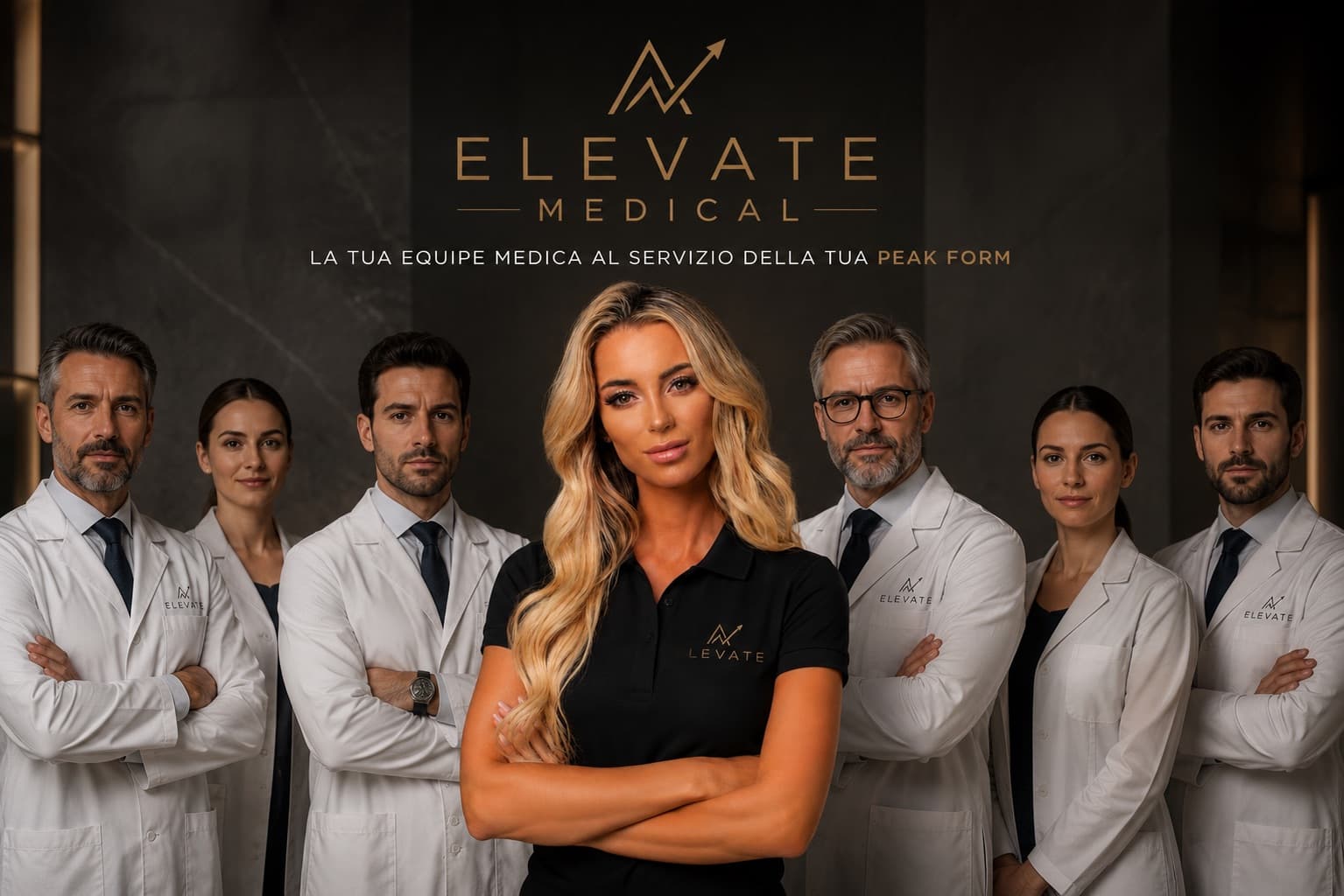 L’équipe medica di Elevate in camice insieme ad Alice Veglio