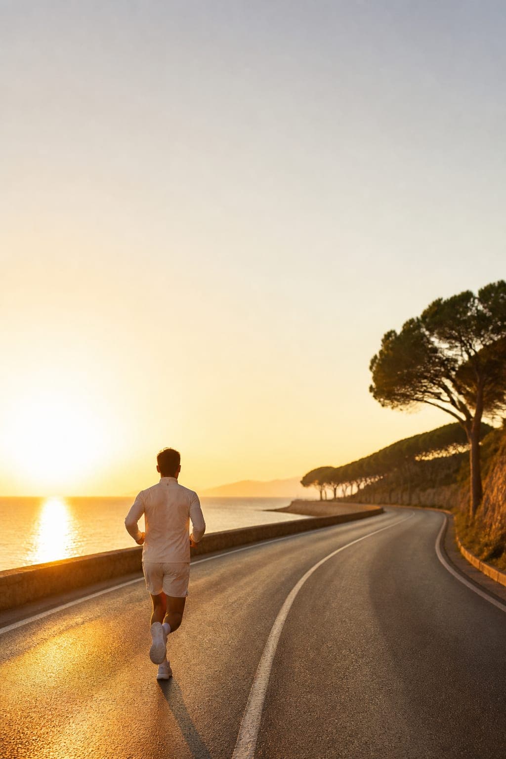 Un corridore di spalle su una strada costiera all’alba