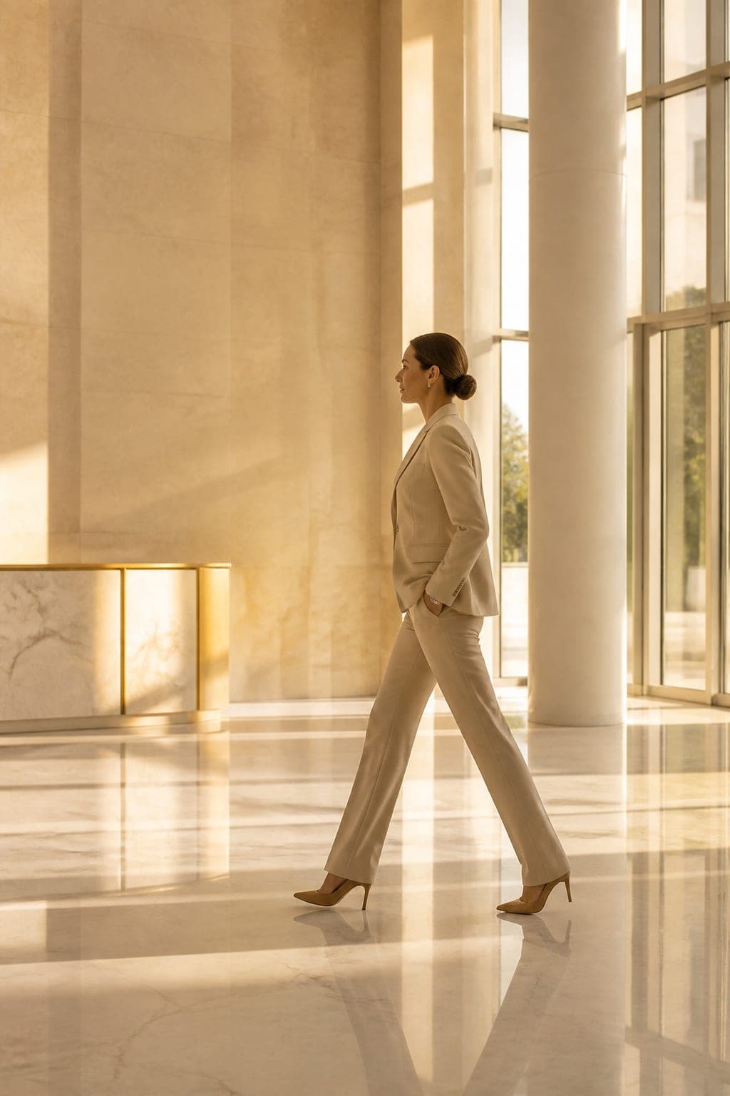 Una donna in tailleur attraversa un atrio in marmo nella luce del pomeriggio