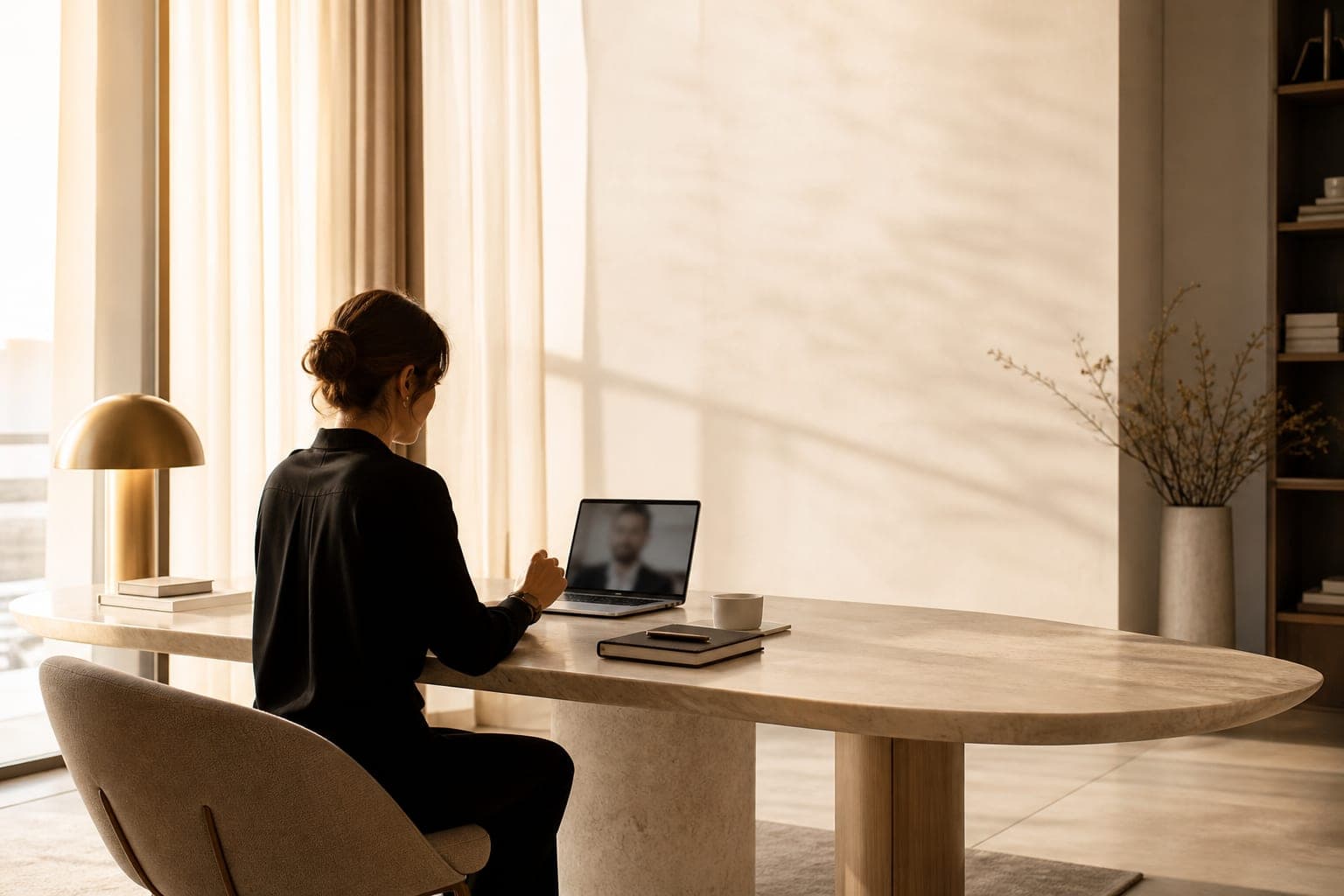 Una Holistic Tutor in videochiamata con un cliente, alla scrivania