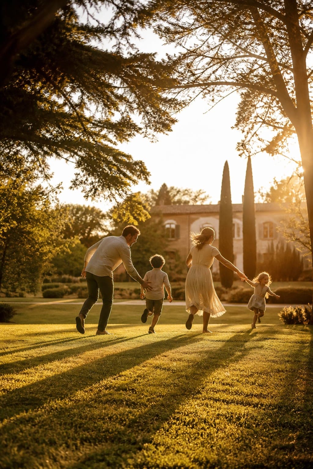 Una coppia che gioca con i figli in giardino al tramonto