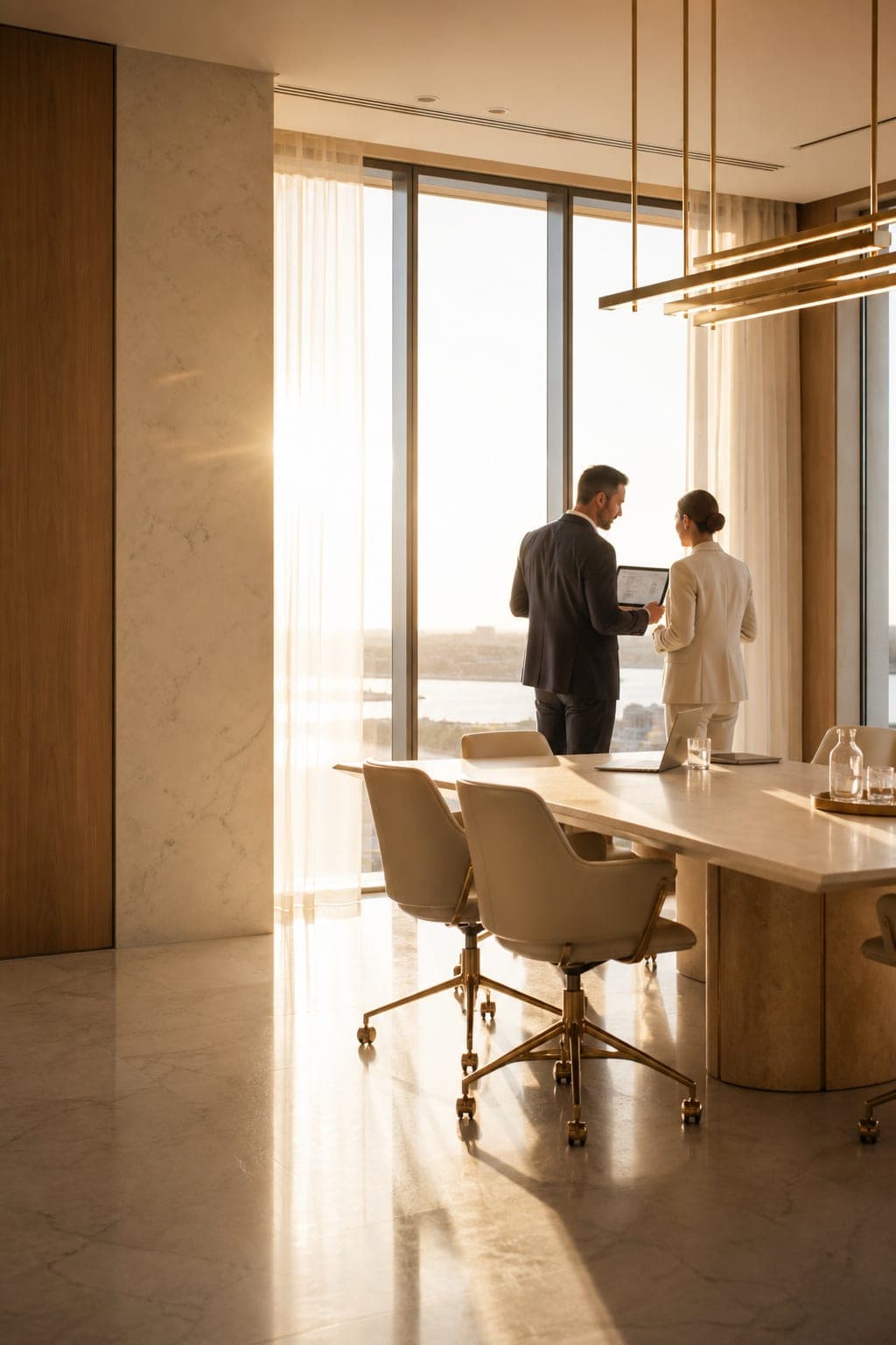 Due professionisti al lavoro in un ufficio luminoso all’ora dorata
